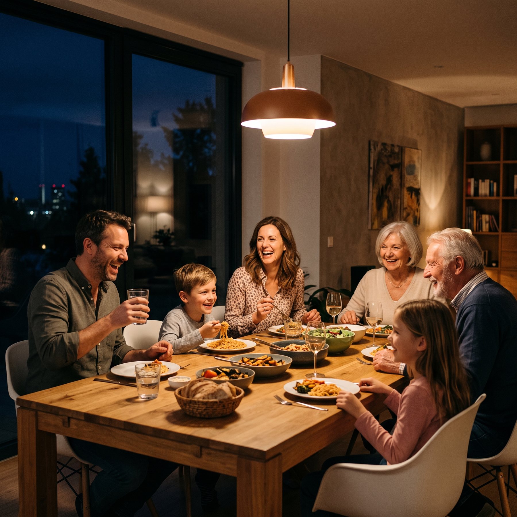 A family laughing together at dinner