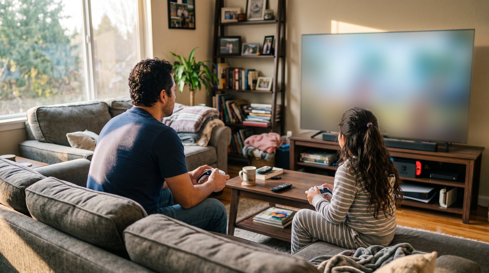 A father and daughter playing a video game at home