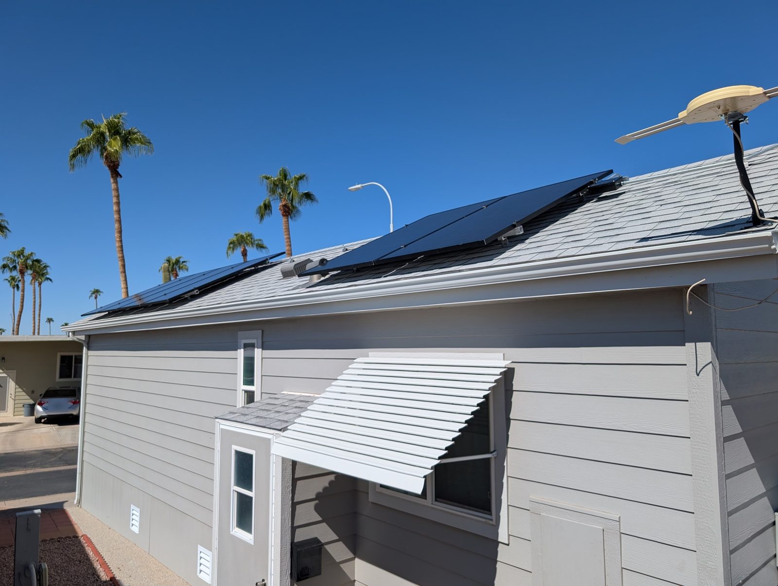 Solar panels on a gray shingle roof with palm trees behind